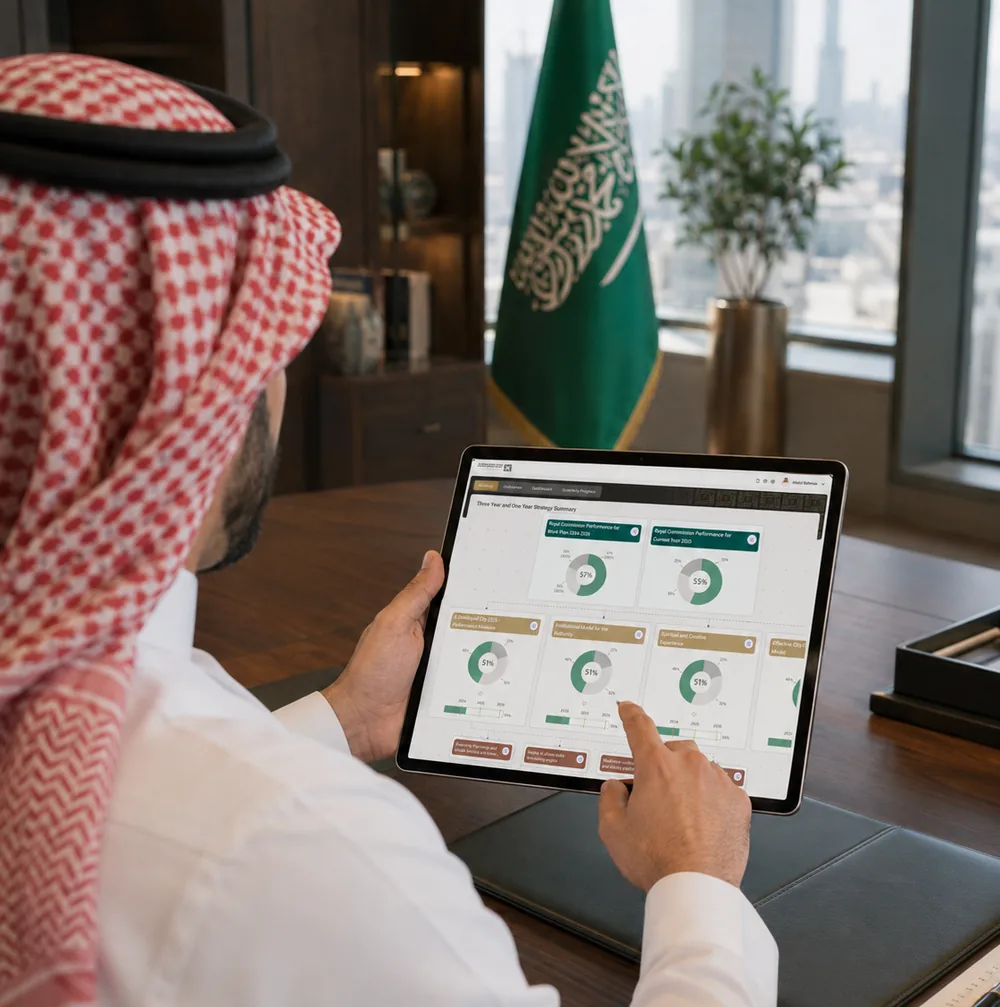 Saudi executive reviewing an executive strategy dashboard on a tablet