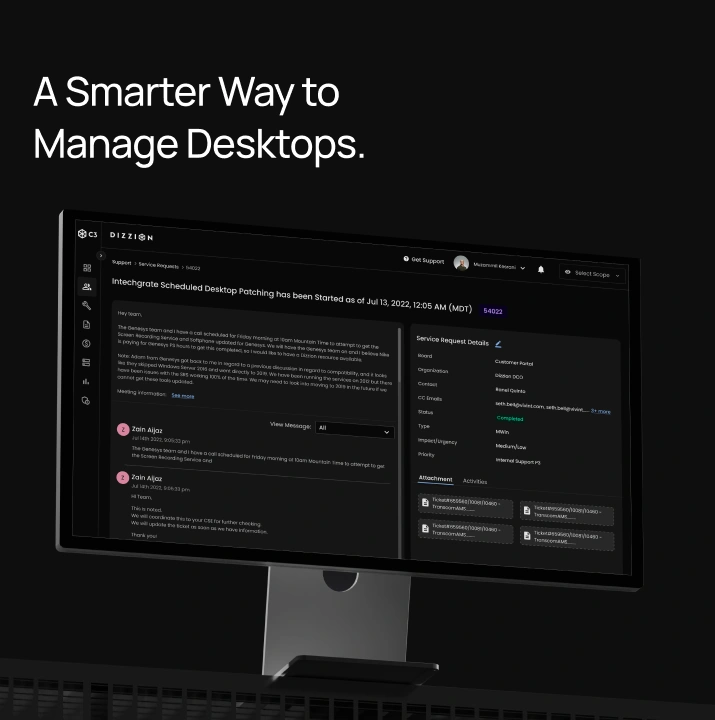 Dizzion service-request dashboard on a monitor — A Smarter Way to Manage Desktops