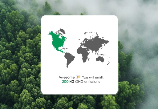 Fils — projected GHG emissions on a world map over an aerial forest photo