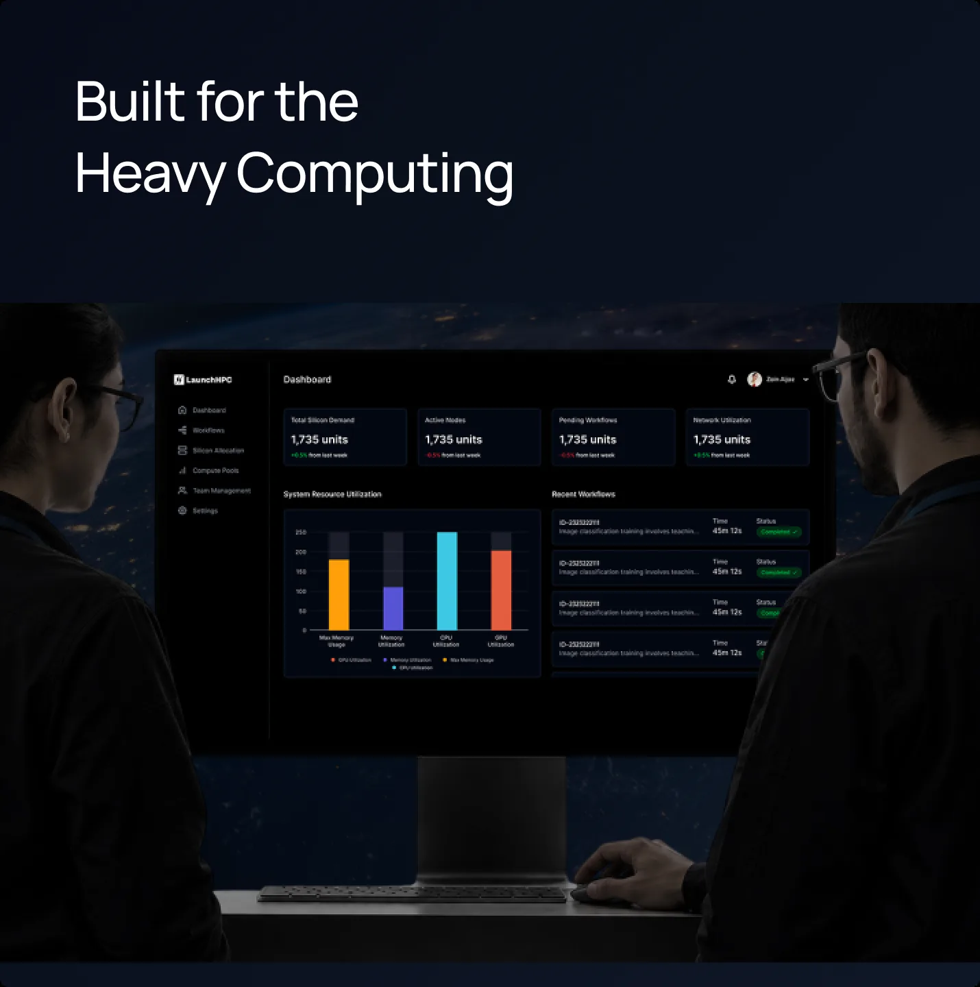 LaunchHPC workflow comparison dashboard on a monitor — Built for the Heavy Computing