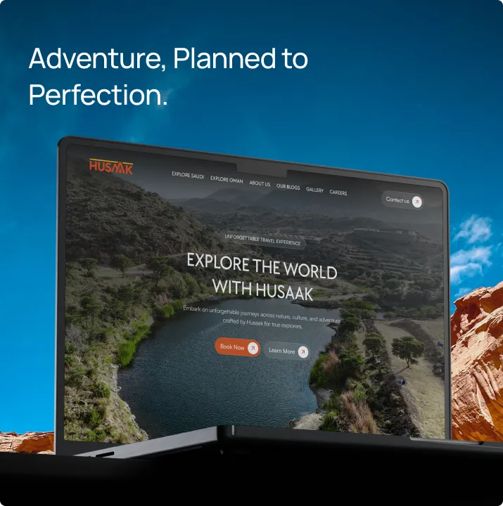 Husaak travel booking website on a laptop — Adventure, Planned to Perfection